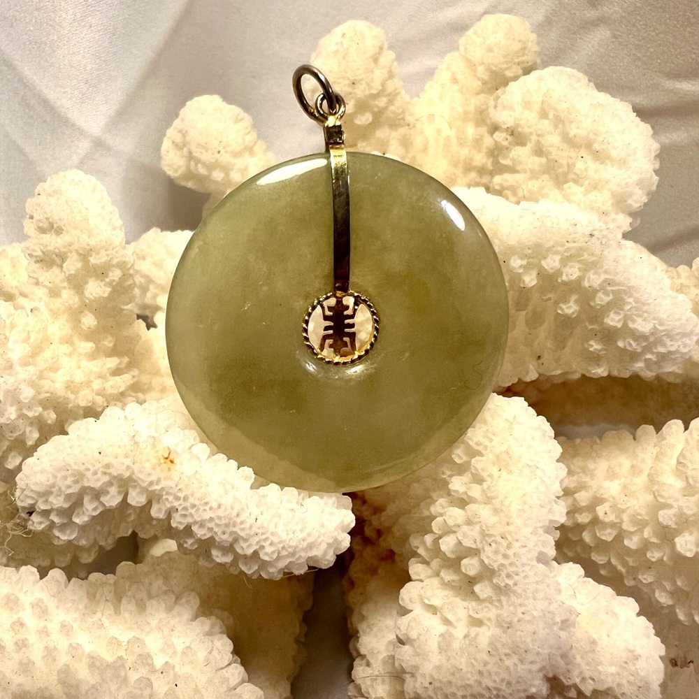 Elegant vintage green donut disc Jadeite Pendant with Gold Tone Accent.